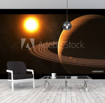 Bild på The sun shines on Saturn in space high quality 3d illustration